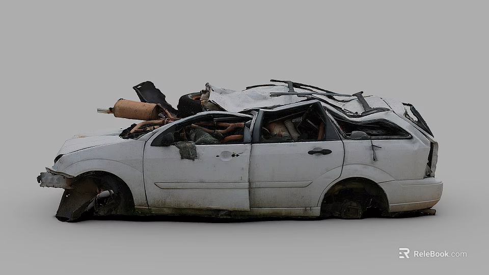 White Abandoned Car With Damaged Roof Broken Body And Debris Inside 3d model 