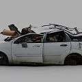 White Abandoned Car With Damaged Roof Broken Body And Debris Inside
