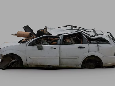 White Abandoned Car With Damaged Roof Broken Body And Debris Inside 3d model