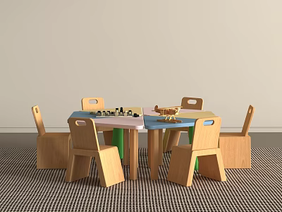 Multicolor Children's Table with Wooden Chairs Chessboard and Toys on Top 3d model