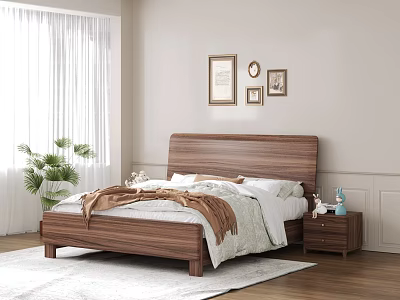 Cozy Bedroom Interior With Wooden Bed Decorative Paintings Nightstand Green Plant And White Curtains 3d model