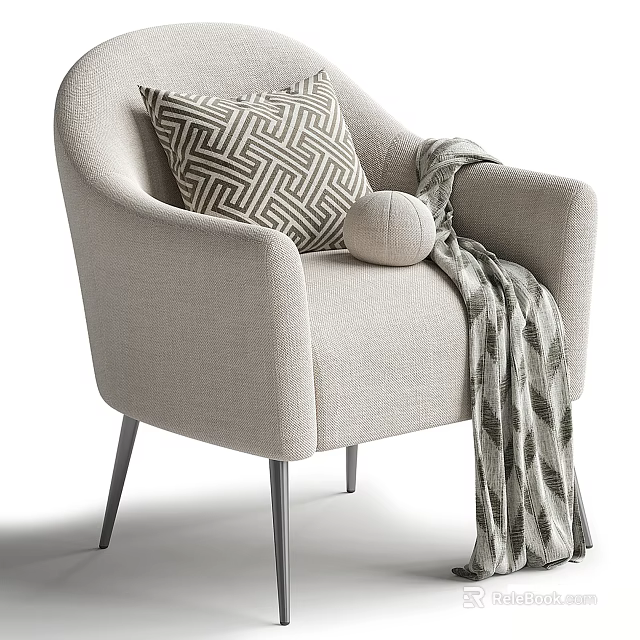 Modern Beige Upholstered Single Sofa With Geometric Pillow Throw Blanket And Metal Legs 3d model 