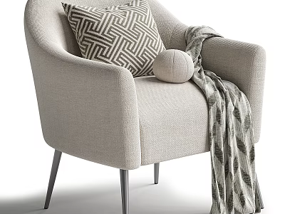 Modern Beige Upholstered Single Sofa With Geometric Pillow Throw Blanket And Metal Legs 3d model