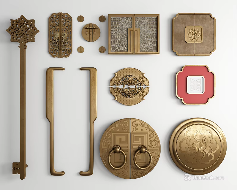 Traditional Chinese Style Brass Door Handles With Ornate Carvings And Decorative Elements 3d model 