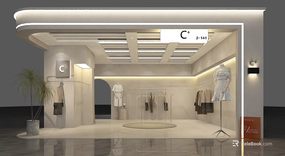 Modern Clothing Store Interior With Mannequins Hanging Clothes And Display Racks 3d model 