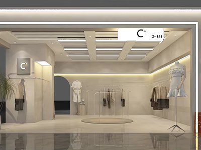 Modern Clothing Store Interior With Mannequins Hanging Clothes And Display Racks 3d model