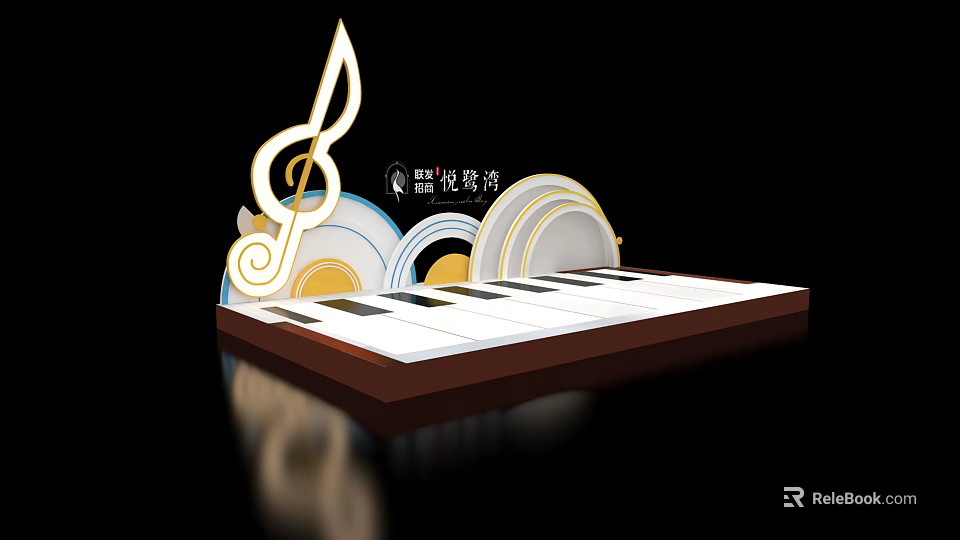 Music Design With Treble Clef Piano Keys And Vinyl Records 3d model 