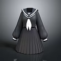 Black Classic Sailor Uniform With White Bow Tie And Pleated Skirt Cuff Details
