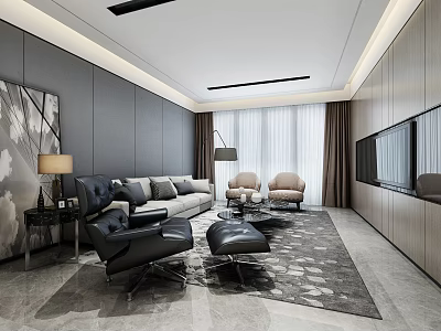 Modern Living Room Interior With Gray Sofa Black Armchairs Beige Accent Chairs Wooden TV Wall 3d model