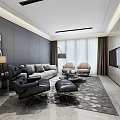 Modern Living Room Interior With Gray Sofa Black Armchairs Beige Accent Chairs Wooden TV Wall
