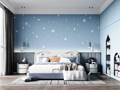 Cozy Kids Room with Blue Starry Wallpaper Blue Wardrobes Bed Nightstands and Bookshelves 3d model