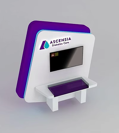 Purple And White Locker With ASCENSIA Diabetes Care Logo Built In Screen And Transparent Countertop 3d model