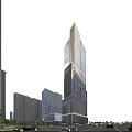 Modern Tall Office Building in Urban Setting With Trees Cars on Road And Blue Sky