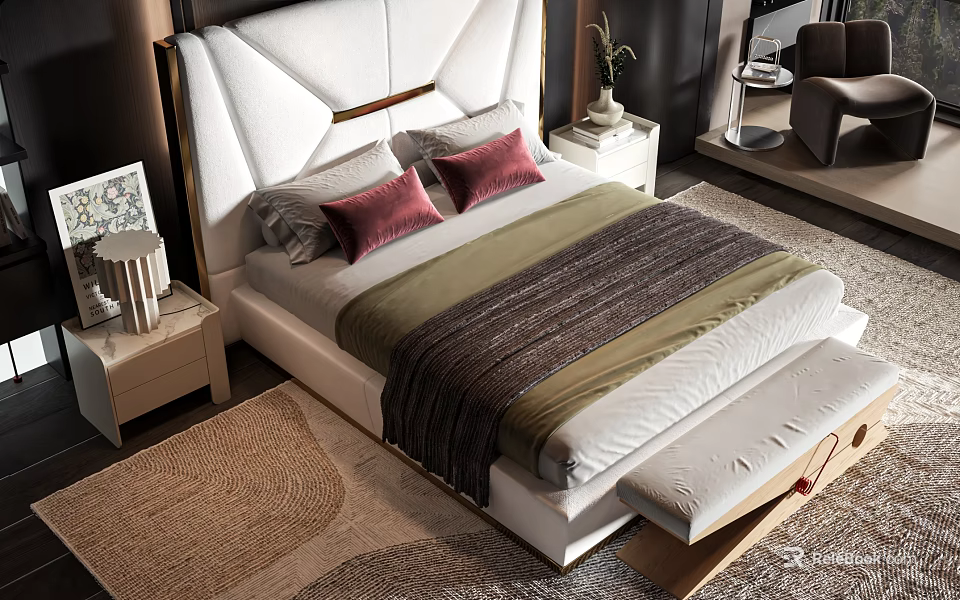 Modern Double Bed With White Headboard Red Pillows And Green Brown Blanket 3d model 