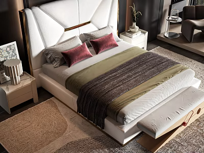 Modern Double Bed With White Headboard Red Pillows And Green Brown Blanket 3d model