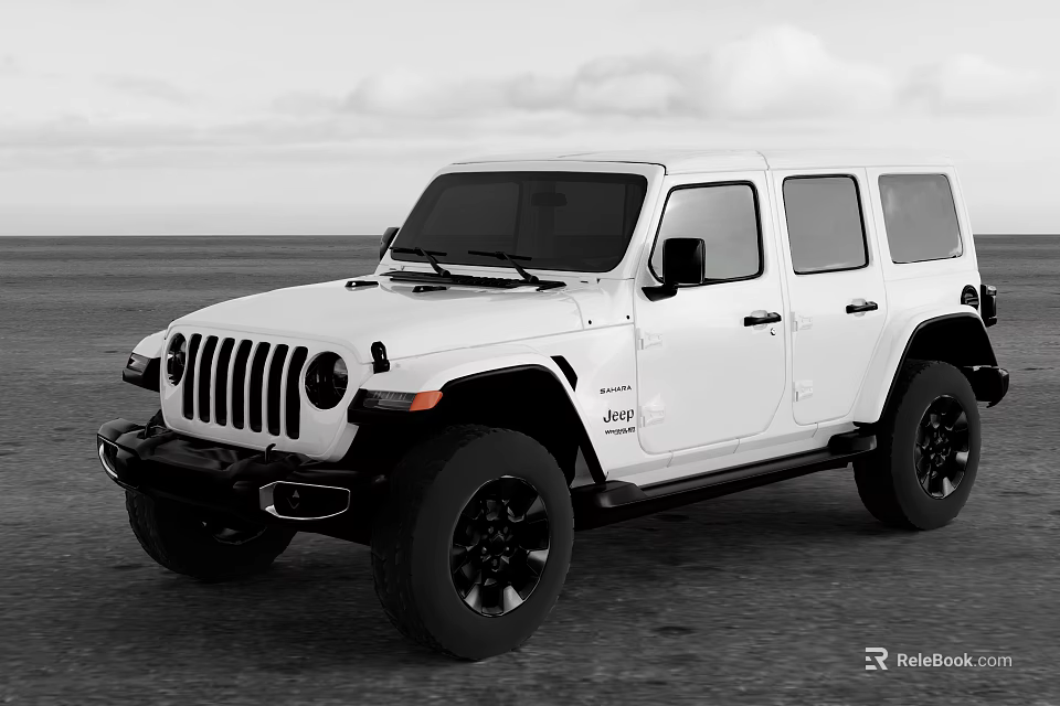 White Jeep Off Road Car With Four Doors Black Wheels On Seaside Sandy Beach Ocean View 3d model 