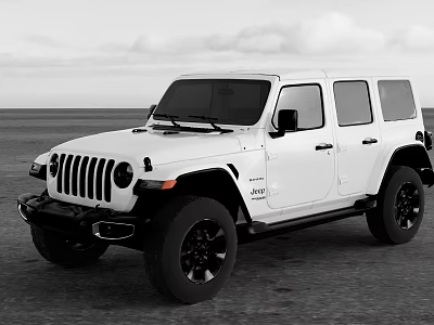White Jeep Off Road Car With Four Doors Black Wheels On Seaside Sandy Beach Ocean View 3d model