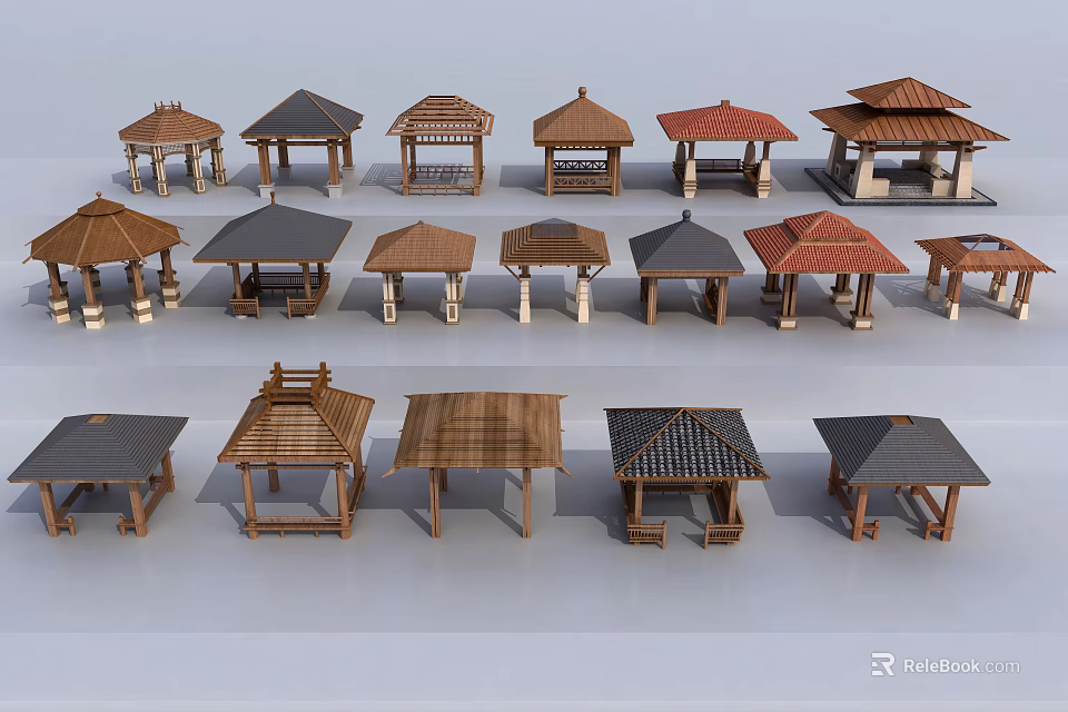Diverse Traditional And Modern Gazebo Designs With Varied Roof Structures And Styles 3d model 