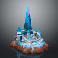 Ancient Architecture Tower With Blue Decorations On Snowy Rock Base And Glowing Elements 3d model