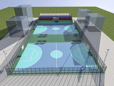 Outdoor Basketball Facility With Multiple Courts Spectator Stand Fenced Area Lighting And Green Blue Surfaces 3d model