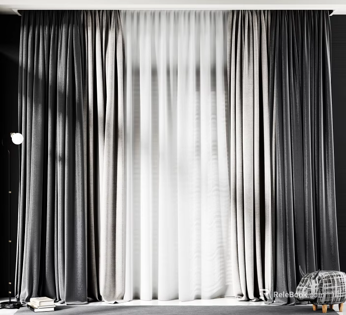 Modern Layered Window Curtains In Black And White With Light Filtering Effect 3d model