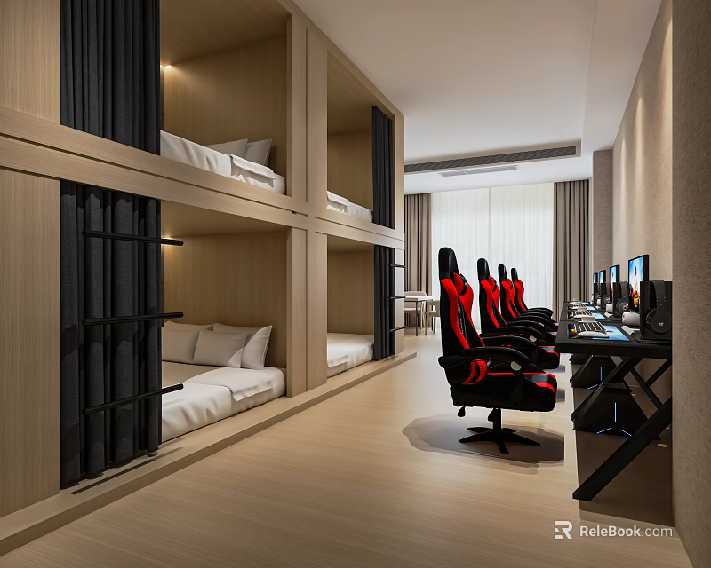 Hotel Guest Room with Bunk Beds Gaming Chairs Computers and Modern Design 3d model 
