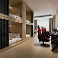 Hotel Guest Room with Bunk Beds Gaming Chairs Computers and Modern Design