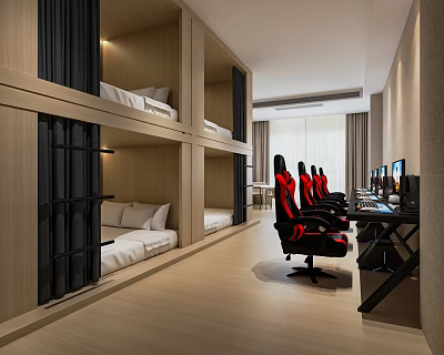 Hotel Guest Room with Bunk Beds Gaming Chairs Computers and Modern Design 3d model