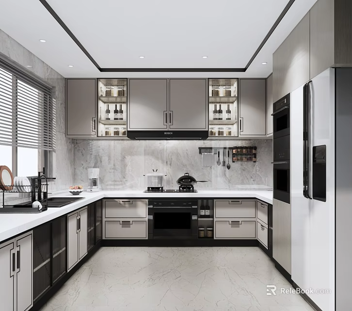 Modern Kitchen Interior Design With Cabinets Countertop Appliances And Window Blinds 3d model