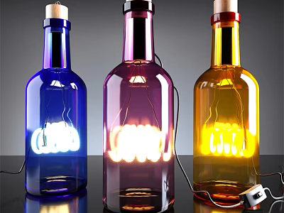 Unique Shaped Glass Bottle Table Lamps with Blue Purple Yellow Lighting for Decorative Use 3d model