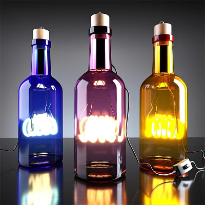 Unique Shaped Glass Bottle Table Lamps with Blue Purple Yellow Lighting for Decorative Use 3d model