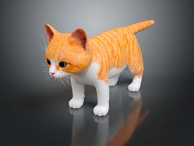 Orange And White Tabby Kitten Figurine With Realistic Details On Reflective Surface 3d model