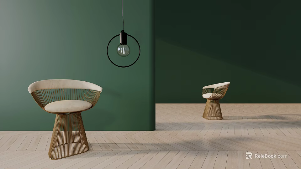 Rattan Leisure Chairs With Light Colored Cushions Against Green Walls And Wooden Flooring 3d model 