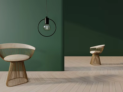 Rattan Leisure Chairs With Light Colored Cushions Against Green Walls And Wooden Flooring 3d model