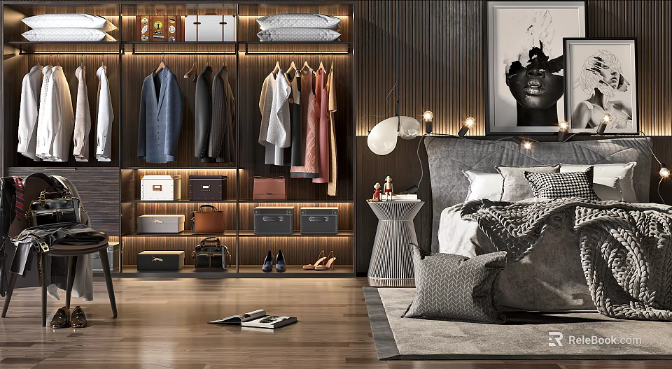 Modern Luxury Bedroom With Double Bed Wardrobe Area Wooden Floor And Decorative Elements 3d model 