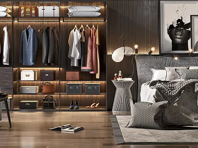 Modern Luxury Bedroom With Double Bed Wardrobe Area Wooden Floor And Decorative Elements 3d model