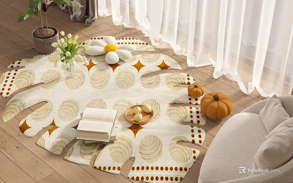 Stylish Shaped Rug in Cozy Living Room With Books Pumpkins Flowers 3d model 