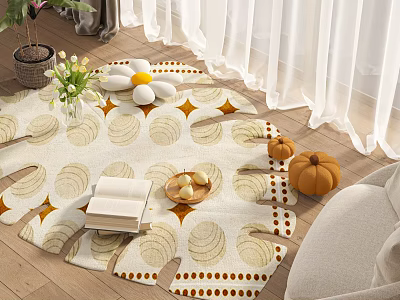 Stylish Shaped Rug in Cozy Living Room With Books Pumpkins Flowers 3d model