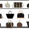 Fashionable Handbags with Various Styles and Colorful Patterns Displayed on White Shelves