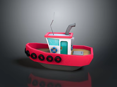 Red Toy Boat with Black Buoys White Cabin Green Door Gray Chimney Antenna on Deck 3d model
