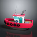 Red Toy Boat with Black Buoys White Cabin Green Door Gray Chimney Antenna on Deck
