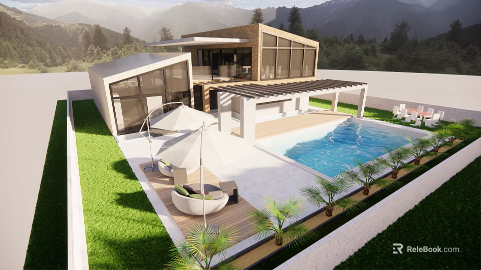 Detached Villa with Modern Architecture Swimming Pool Outdoor Seating Greenery and Mountain View 3d model 