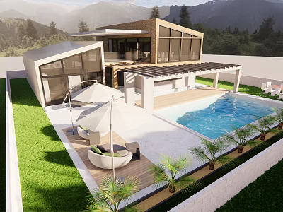 Detached Villa with Modern Architecture Swimming Pool Outdoor Seating Greenery and Mountain View 3d model