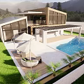 Detached Villa with Modern Architecture Swimming Pool Outdoor Seating Greenery and Mountain View