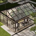 Modern Glass Pergola With Wooden Frame And Transparent Roof In Garden Setting