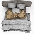 Cozy Double Bed With Gray Bedding Brown Throw And Soft Pillows 3d model