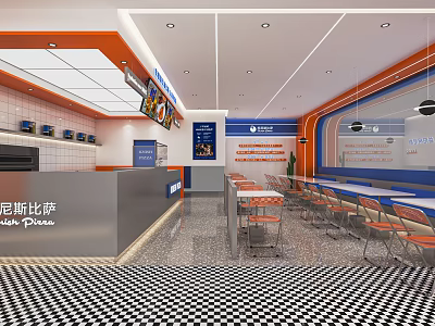 Nishi Pizza Restaurant Interior With Orange Blue Decor Counter Tables And Checkered Floor 3d model