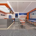 Nishi Pizza Restaurant Interior With Orange Blue Decor Counter Tables And Checkered Floor