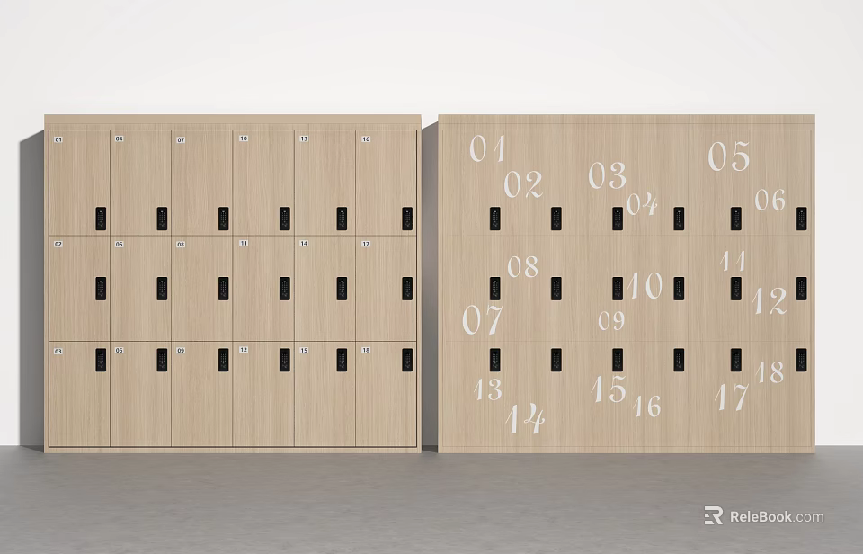 Organized Wooden Lockers With Numbered Doors In Storage Room Interior 3d model 