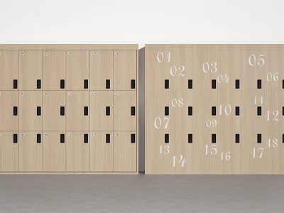 Organized Wooden Lockers With Numbered Doors In Storage Room Interior 3d model